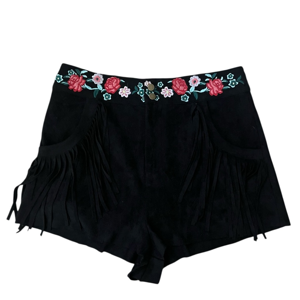 Black Floral Fringe Embroidered Suede Women's Shorts